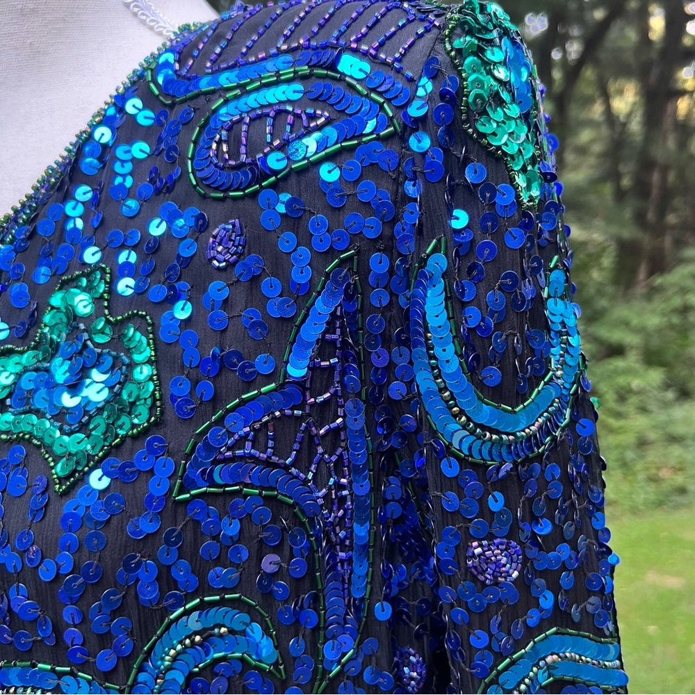Vintage Laurence Kazar full Sequin and Beaded Blue and Green Silk Blazer Jacket - Picture 11 of 17